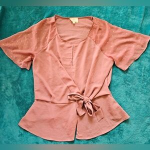 Pink Tie-Front Blouse with V-Neck and Short Sleeves